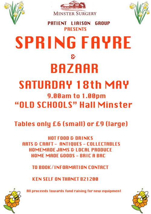 Spring Fayre and Bazaar, Saturday 18th May, 9.00am to 1.00pm - Old School Hall Minster